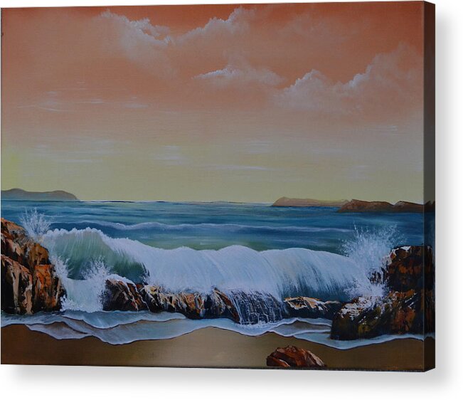 A Seascape With Large Waves Crashing On A Rocky Beach. The Sky Is Orange In Color And There Are Distant Islands. The Sky Also Has Several Distant Clouds. The Sand On The Beach Is A Dark Brown And Has Several Large Boulders Acrylic Print featuring the painting Rock Beach by Martin Schmidt
