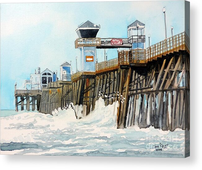 Watercolor Acrylic Print featuring the painting Ruby's Oceanside Pier by Tom Riggs