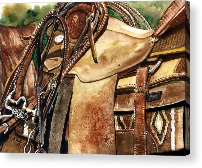 Cowboy Acrylic Print featuring the painting Saddle Texture by Nadi Spencer