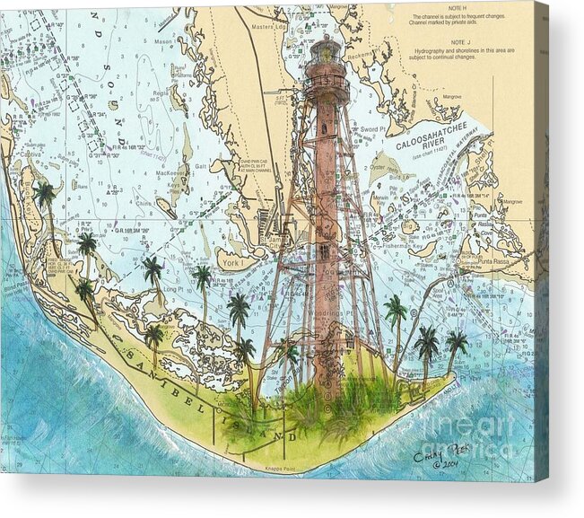 Sanibel Acrylic Print featuring the painting Sanibel Island Lighthouse FL Nautical Chart Map Art Cathy Peek by Cathy Peek
