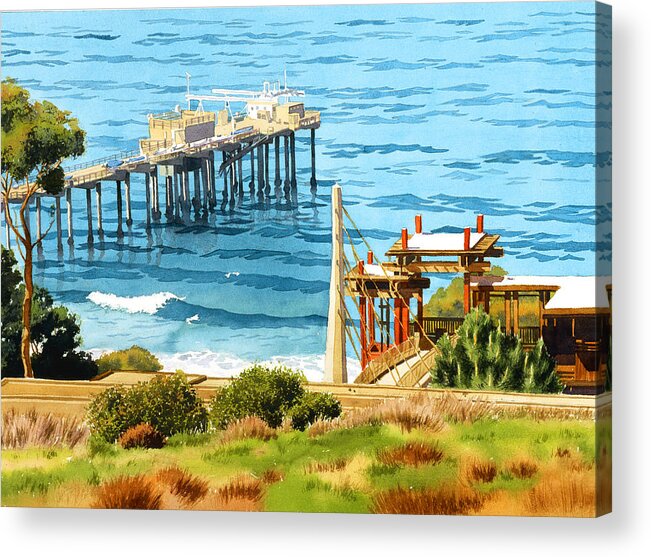 La Jolla Acrylic Print featuring the painting Scripps Pier La Jolla by Mary Helmreich