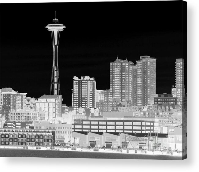 Space Needle Acrylic Print featuring the photograph Seattle Cityscape - BW Negative by Connie Fox