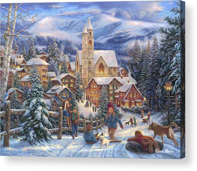 Christmas Village Acrylic Print featuring the painting Sledding to Town by Chuck Pinson