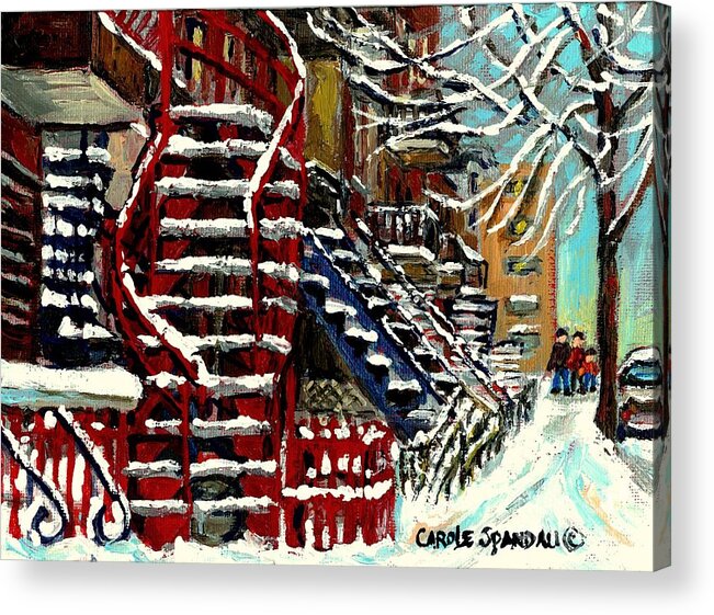 Montreal Acrylic Print featuring the painting Snowy Steps The Red Staircase In Winter In Verdun Montreal Paintings City Scene Art Carole Spandau by Carole Spandau