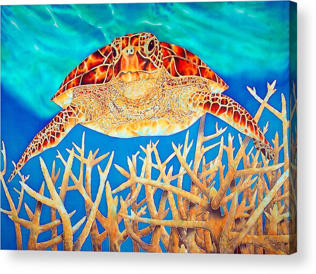 Sea Turtle Acrylic Print featuring the painting Sea Turtle Soaring over Staghorn by Daniel Jean-Baptiste