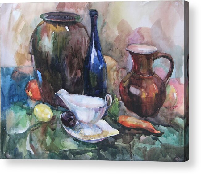 Still Life Acrylic Print featuring the painting Stilllife with a dark blue bottle by Juliya Zhukova