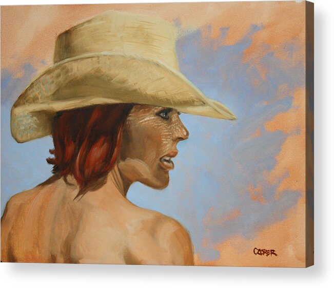 Oil Painting Portrait Western Straw Hat Pretty Girl Acrylic Print featuring the painting Straw Hat by Todd Cooper