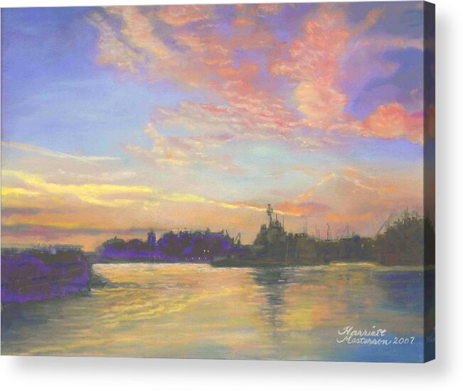 Painting Of Sunset Acrylic Print featuring the painting Sunset at Victoria Harbor by Harriett Masterson
