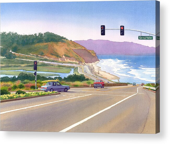 Surfer Acrylic Print featuring the painting Surfers on PCH at Torrey Pines by Mary Helmreich