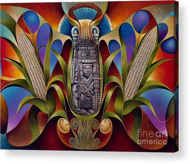 Aztec Acrylic Print featuring the painting Tapestry of Gods - Chicomecoatl by Ricardo Chavez-Mendez