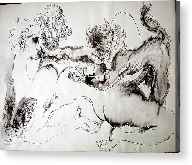 Erotic Acrylic Print featuring the drawing The Dream by Moshe Rosental