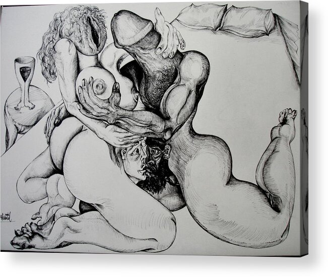 Surreal Erotic.surrealism.fantasy Acrylic Print featuring the drawing The Truth by Moshe Rosental