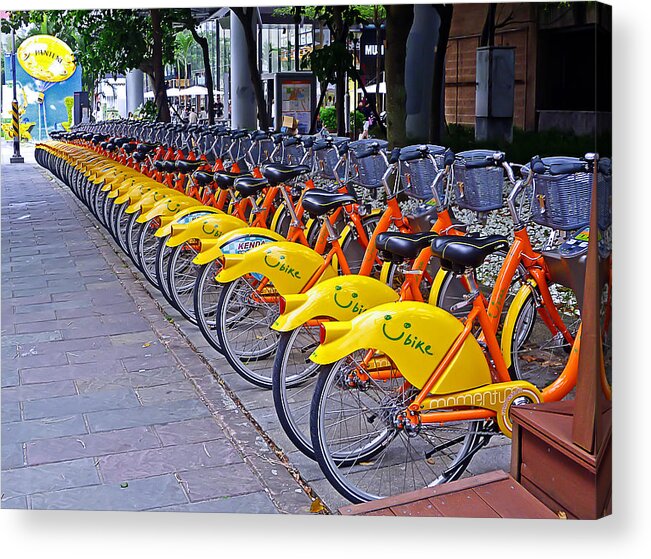 Bicycle Acrylic Print featuring the photograph Thirty Yellow Bicycles in Taipei by Tony Crehan