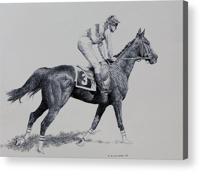 Racehorse Horse Horseracing Thorobreds Jockey Acrylic Print featuring the drawing To The Gate by Tony Ruggiero