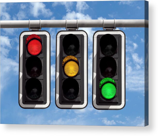 Yellow Acrylic Print featuring the photograph Traffic lights - red yellow green against sky by Venakr