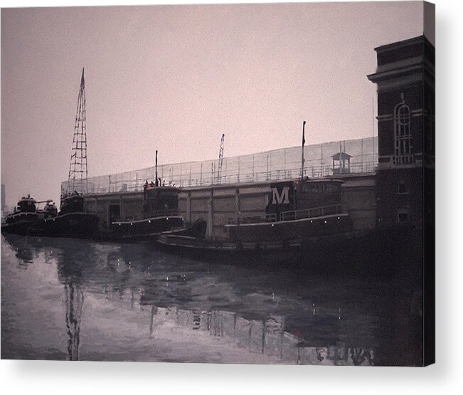 Oil Painting Of Tug Boats Acrylic Print featuring the painting Tugs of December by David Zimmerman