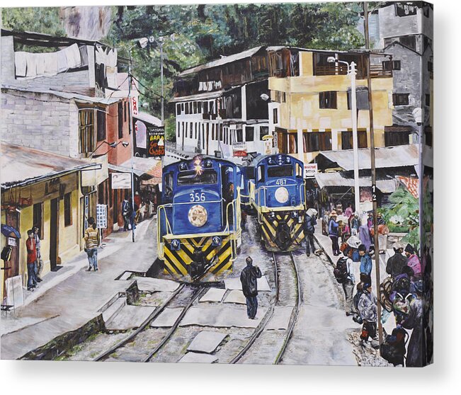 Trains Acrylic Print featuring the painting Village of Aquas Calientes by Dottie Branch