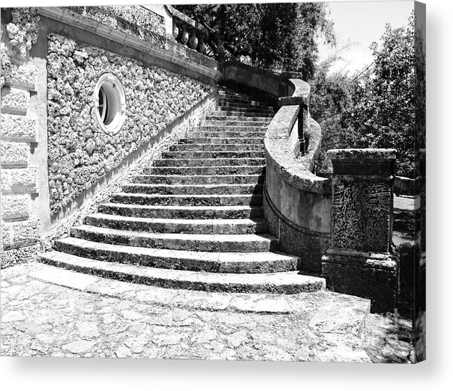 Vizcaya Acrylic Print featuring the photograph Vizcaya Mansion Museum Casino Grand Staircase Miami Florida black and White by Shawn O'Brien