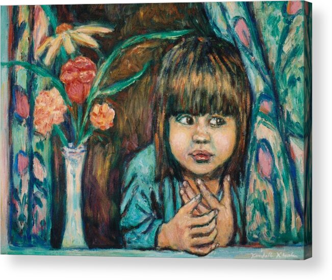  Young Girl Acrylic Print featuring the painting Waiting by Kendall Kessler