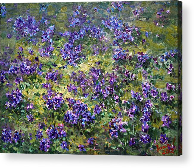 Violets Acrylic Print featuring the painting Wild Violets by Ylli Haruni