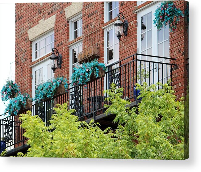 Balcony Acrylic Print featuring the photograph Blue Flowers On A Balcony by Cynthia Guinn
