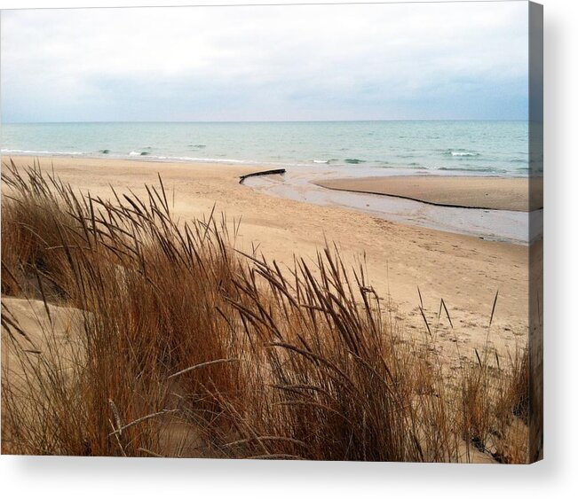 Lake Michigan Acrylic Print featuring the photograph Winter Beach at Pier Cove by Michelle Calkins