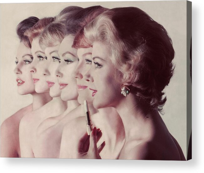 Beauty Acrylic Print featuring the photograph Women Wearing Revlon Lipstick by John Rawlings