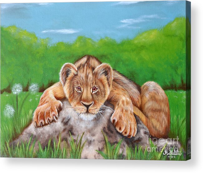 Young Lion Acrylic Print featuring the painting Dan de Lion by Ruben Archuleta - Art Gallery