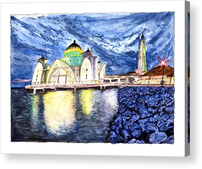 Masjid Acrylic Print featuring the painting Masjid Selat Melaka of Malaysia #1 by Rafay Zafer