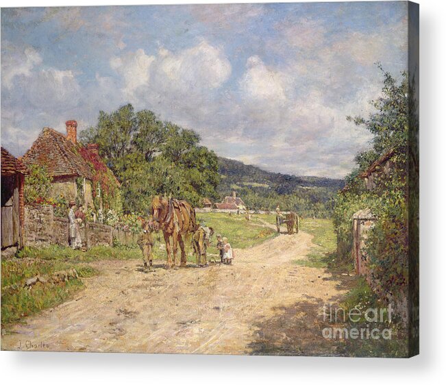 Street; Cottage; Lane; Carthorse; Blacksmith; Shoeing; Children; Green; Victorian; Cart; Rural Idyll; Women; Idyllic; Villagers; Clouds Acrylic Print featuring the painting A Village Scene by James Charles