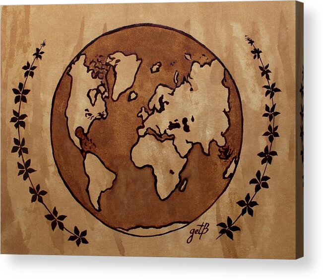 World Map Acrylic Print featuring the painting Abstract World Globe Map coffee painting by Georgeta Blanaru