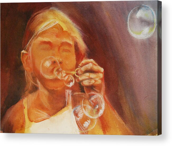 Girl Blowing Bubbles Acrylic Print featuring the painting Childhood a Work In Progress by Jani Freimann