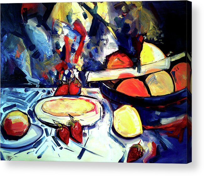 Still Life Acrylic Print featuring the painting Contemplating Oranges by John Gholson