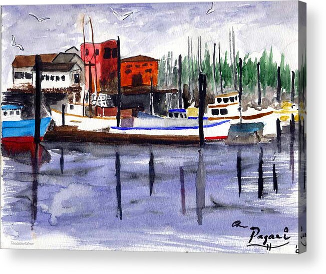 Watercolor Acrylic Print featuring the painting Harbor Fishing Boats by Chriss Pagani