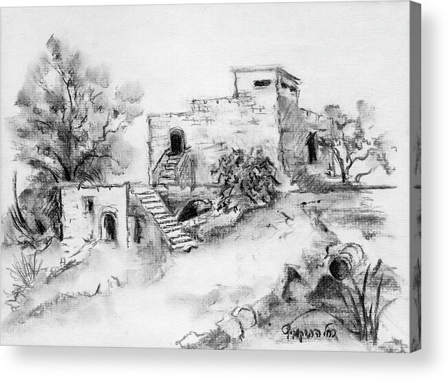 Hirbe Acrylic Print featuring the painting Hirbe landscape in Afek black and white old building ruins trees bricks and stairs by Rachel Hershkovitz