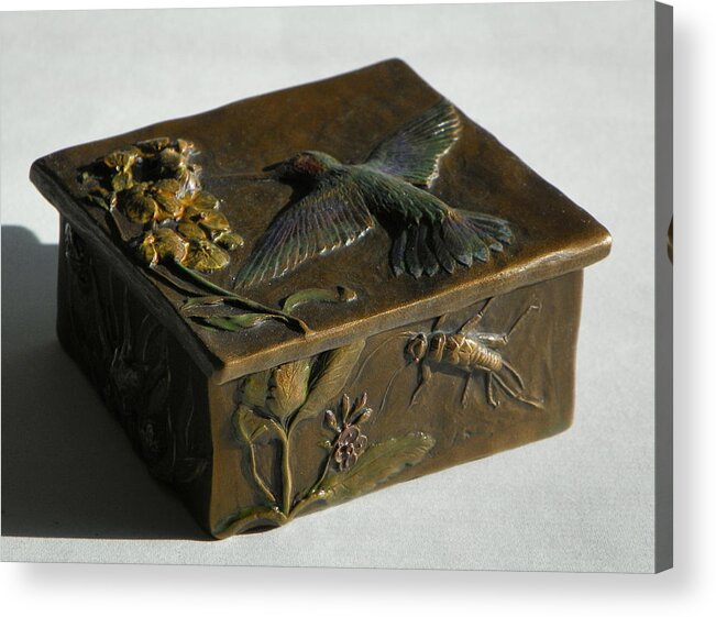 Hummingbird Acrylic Print featuring the sculpture Hummingbird Box with Painted Patina - stonefly side by Dawn Senior-Trask