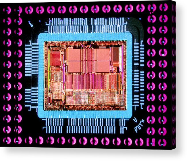 Silicon Chip Acrylic Print featuring the photograph Macrophoto Of An 486 Computer Silicon Chip by Geoff Tompkinson