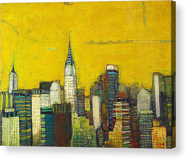 Skyscraper Acrylic Print featuring the painting Manhattan with Chrysler and Empire building with a golden background by Habib Ayat