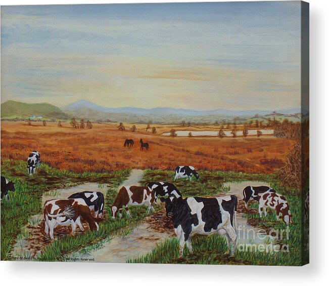 Cors Caron Acrylic Print featuring the painting Painting Cows on Cors Caron Tregaron by Edward McNaught-Davis