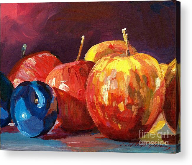 Still Life Acrylic Print featuring the painting Ripe Plums and Apples by David Lloyd Glover
