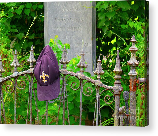 New Orleans Acrylic Print featuring the photograph Saints Hat on Iron Fence by Jeanne Woods