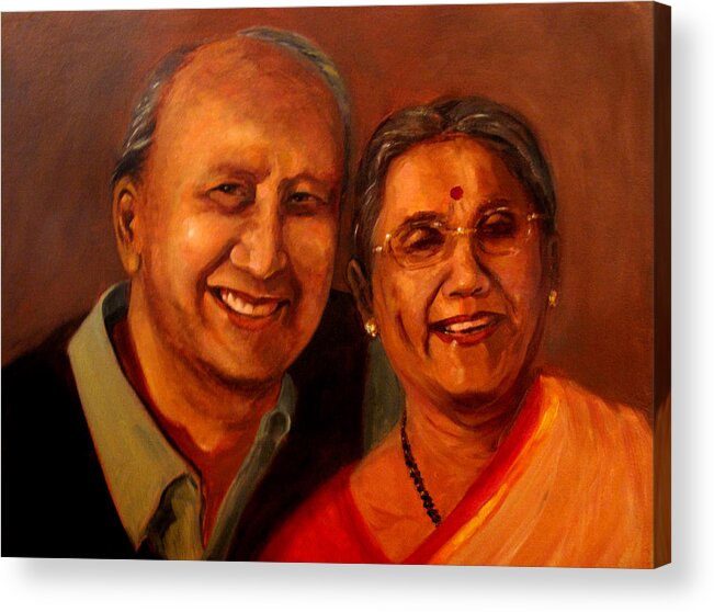 Portrait Of Uncle And Aunt Who Celebrated Their 55th Wedding Anniversary On 3rd Feb.2012 Acrylic Print featuring the painting Uncle and Aunt by Asha Sudhaker Shenoy