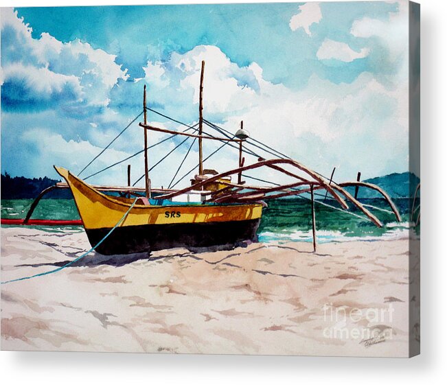Boat Acrylic Print featuring the painting Yellow Boat Docking on the Shore by Christopher Shellhammer