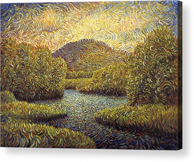 Mountain Acrylic Print featuring the painting Mountain With Trees By A River Surreal by Alan Kenny
