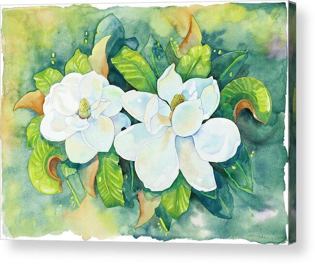 Magnolias Acrylic Print featuring the painting Magnolias by Cathy Locke
