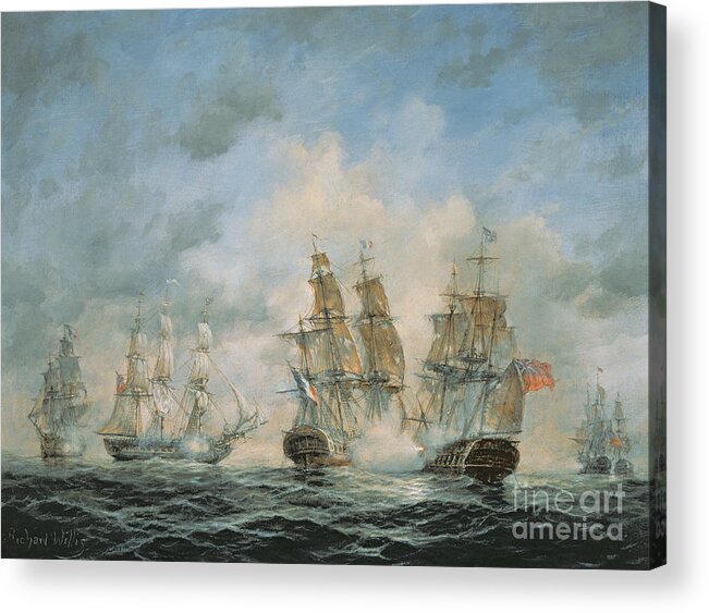 Seascape; Navel; Sea; Ship; Ships; Navel Engagement; Flag; Flags; Cloud; Clouds; Battle; Battling; Sailing; Sailing Ships Acrylic Print featuring the painting 19th Century Naval Engagement in Home Waters by Richard Willis