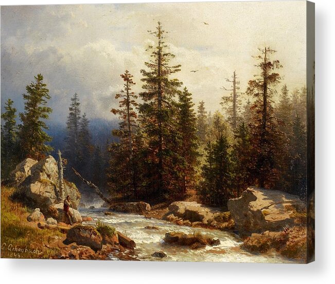 Andreas Achenbach Acrylic Print featuring the painting Forest Landscape with an Angler by MotionAge Designs