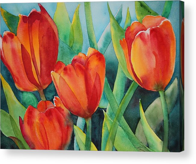 Red Flowers Acrylic Print featuring the painting 4 Red Tulips by Ruth Kamenev