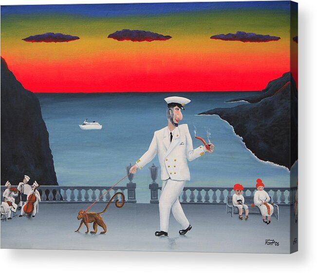 Landscape Captain Monkey Orchestra Jazz Childhood South Tropical Island Cruise Ship Wacation Resort Acrylic Print featuring the painting A Captain And His Monkey by Poul Costinsky