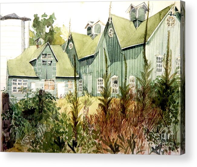 Greta Corens Watercolors Acrylic Print featuring the painting Watercolor of an old wooden barn painted green with silo in the sun by Greta Corens